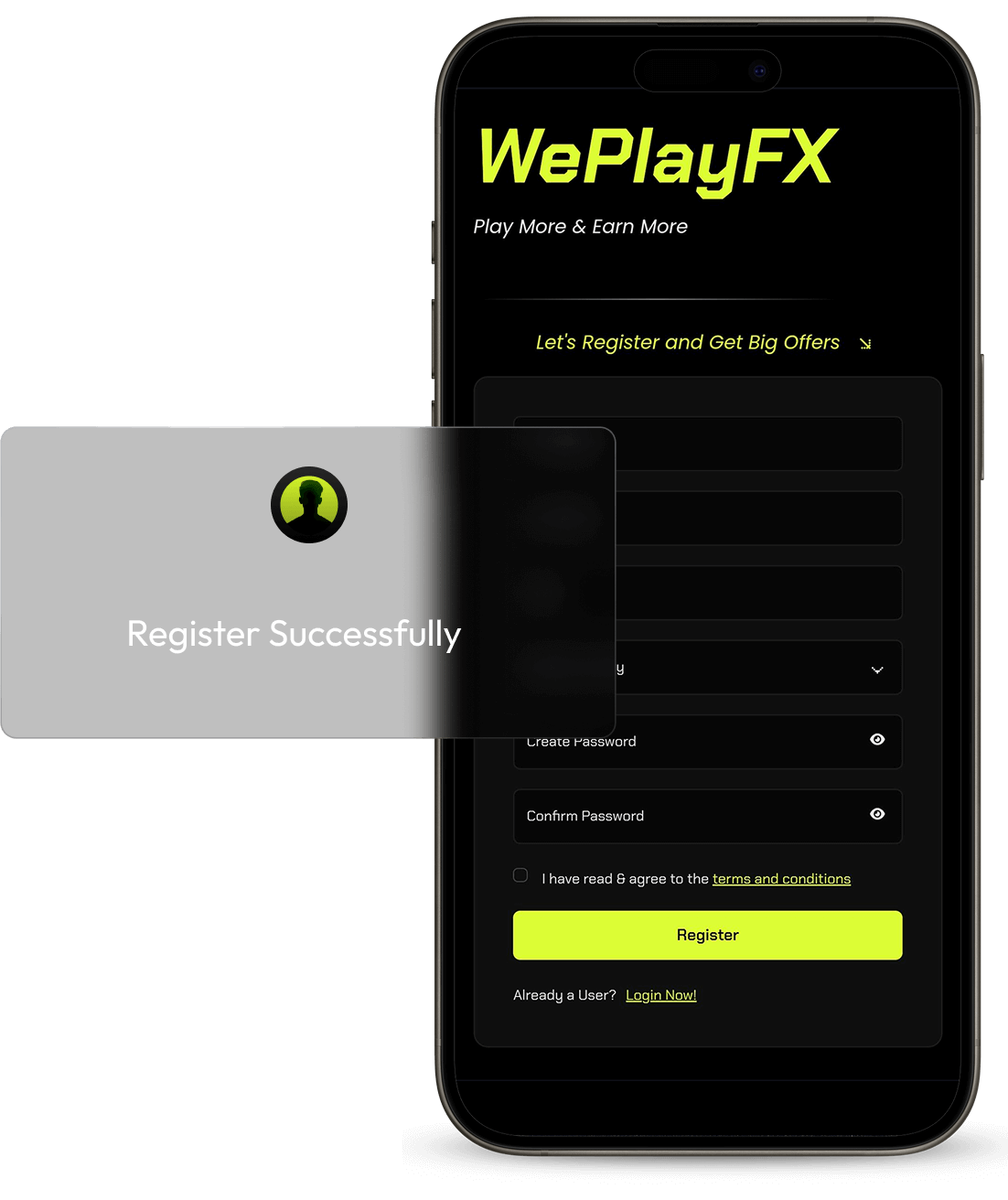 Phone showing the WePlayFX registration screen